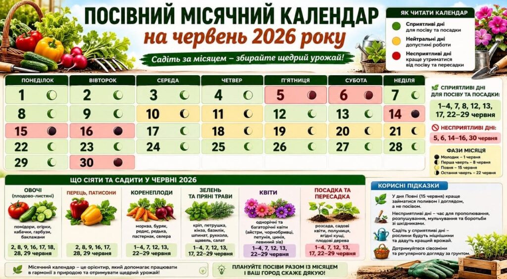 Місячний посівний календар на червень 2026 року